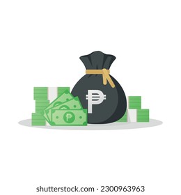 Money bag and banknotes with Peso sign. Cuba currency symbol. Flat style Vector financial items illustration. EPS-10 File.