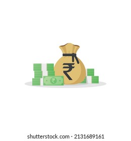 Money bag and banknotes with rupee sign. India Cash money icon. Flat style Vector illustration isolated on white background.