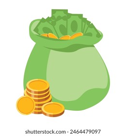 Money bag with banknotes. Symbol of wealth, success and good luck. Bank and Finance. 