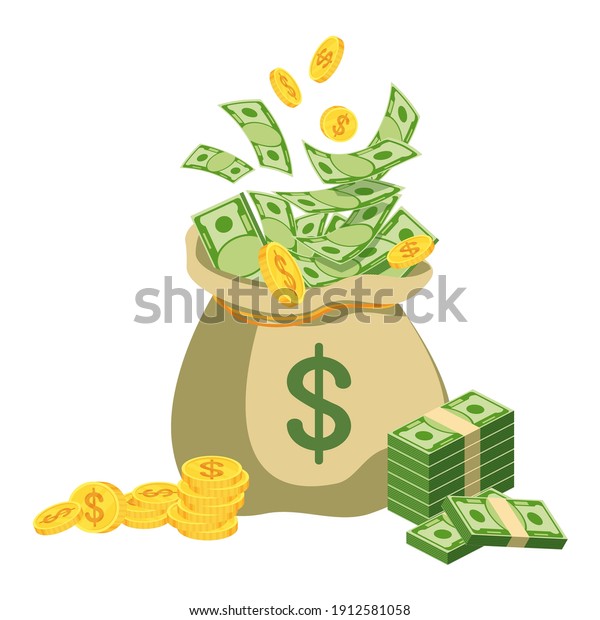Money bag with banknotes. Symbol of\
wealth, success and good luck. Bank and Finance. Flat vector\
cartoon illustration. Objects isolated on a white\
background.
