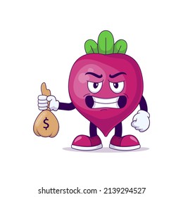 Con el diseño de ilustración vectorial del personaje de la mascota de la remolacha de bolsa de dinero