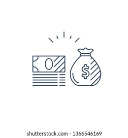 Money bag, bills stack, financial investments stock market, income and revenue concept, money return, pension fund plan, budget management, savings account, banking vector icon
