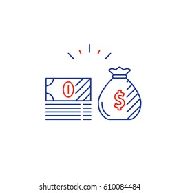 Money bag, bills stack, financial investments stock market, income and revenue concept, money return, pension fund plan, budget management, savings account, banking vector icon