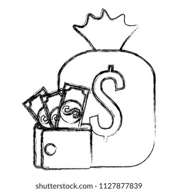 money bag with bills and wallet