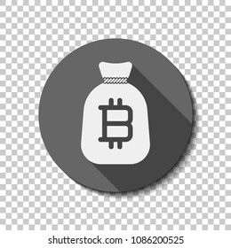 Money bag with bitcoin. Full moneybag icon. White flat icon with long shadow in circle on transparent background. Badge or sticker style