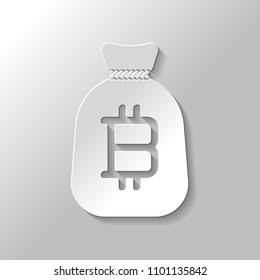 Money bag with bitcoin. Full moneybag icon. Paper style with shadow on gray background