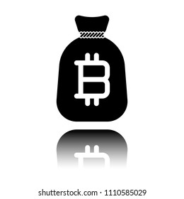 Money bag with bitcoin. Full moneybag icon. Black icon with mirror reflection on white background