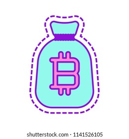 Money bag with bitcoin. Full moneybag icon. Colored sketch with dotted border on white background