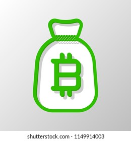 Money bag with bitcoin. Full moneybag icon. Paper style. Cut symbol with green bold contour on shape and simple shadow