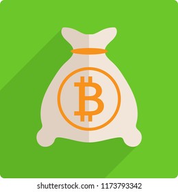 Money bag with bitcoin. Full moneybag icon. Vector illustration in flat design