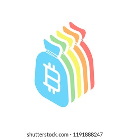 Money bag with bitcoin. Full moneybag icon. Stack of colorful isometric icons on white background