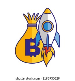 money bag bitcoin and rocket launch