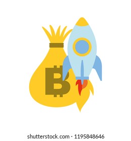 money bag bitcoin and rocket launch