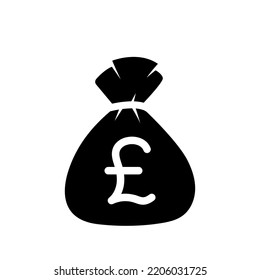 money bag black filled vector icon, sack full of british pound coins, finance concept, savings, pound unit of sterling sign