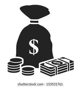 money bag black icon with dollars and stacks of coins. vector illustration