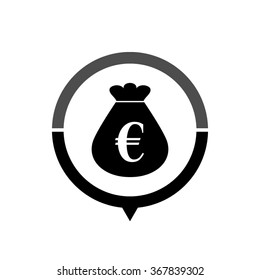 Money bag - black vector icon; map pointer;  message bubble