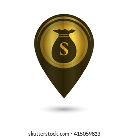 Money bag - black vector icon; golden  map pointer