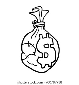 money bag black and white cartoon illustration isolated on white