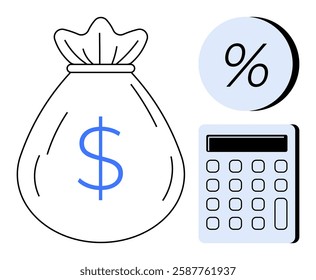 Money bag with a blue dollar sign, calculator, and percentage symbol. Ideal for finance, budgeting, investments, accounting, savings, tax calculations, and economic analysis. Line metaphor