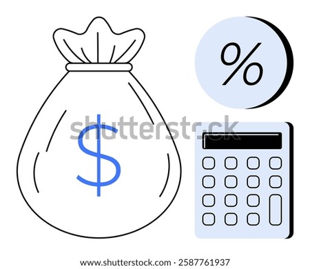 Money bag with a blue dollar sign, calculator, and percentage symbol. Ideal for finance, budgeting, investments, accounting, savings, tax calculations, and economic analysis. Line metaphor