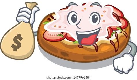 With money bag bruschetta served above the mascot board