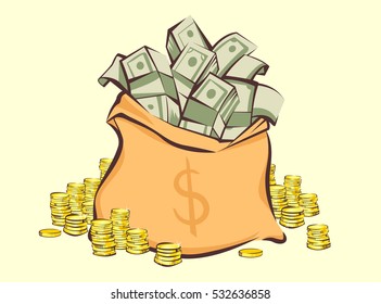 Money bag with bunches of dollars and coins stacks beside, cartoon style,  isolated vector illustration