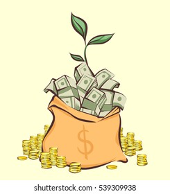 Money bag with bunches of dollars, coins stacks beside and money tree sprout, cartoon style,  isolated vector illustration