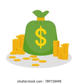 Money bag with lot of bundle of dollar paper banknotes. Cash gold coins. Wealth, financial success. Flat vector cartoon illustration. Objects isolated on white background.
