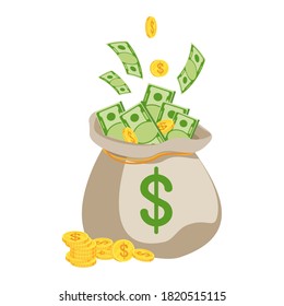 Money bag with lot of bundle of paper dollar banknotes. Cash gold coins. Wealth, financial success. Flat vector cartoon illustration. Objects isolated on white background.