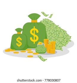 Money bag with lot of bundle of paper dollar banknotes. Cash gold coins. Wealth, financial success. Flat vector cartoon illustration. Objects isolated on white background.