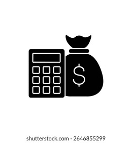 Símbolo de finanzas de estilo sólido de bolsa de dinero y calculadora