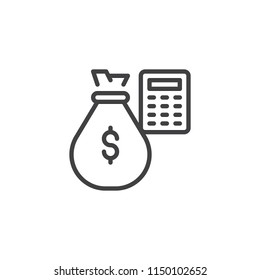 Money bag and calculator outline icon. linear style sign for mobile concept and web design. Financial accounting simple line vector icon. Symbol, logo illustration. Pixel perfect vector graphics