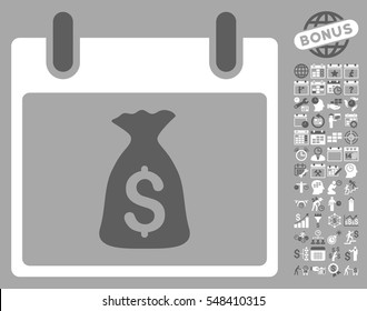 Money Bag Calendar Day icon with bonus calendar and time management pictograph collection. Vector illustration style is flat iconic symbols, dark gray and white, silver background.