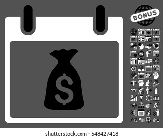 Money Bag Calendar Day icon with bonus calendar and time management images. Vector illustration style is flat iconic symbols, black and white, gray background.