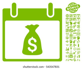 Money Bag Calendar Day pictograph with bonus calendar and time management clip art. Vector illustration style is flat iconic symbols, eco green, white background.