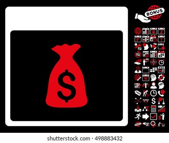 Money Bag Calendar Page pictograph with bonus calendar and time management symbols. Vector illustration style is flat iconic symbols, red and white, black background.