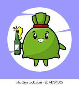 Money bag cartoon character with soda bottle cute style design for t-shirt, sticker, logo element for t-shirt, sticker, logo element