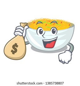 With money bag cartoon fried noodles in a pan