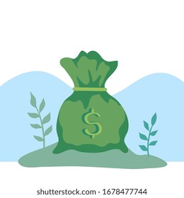 money bag cash with branches and leafs vector illustration design