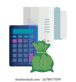 money bag cash with calculator and voucher paper vector illustration design