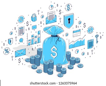 Money bag with cash money dollar stacks and coins piles isolated on white, personal savings concept. Vector 3d isometric business illustration with icons, stats charts and design elements.