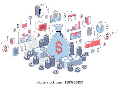 Money bag with cash money dollar stacks and coins piles isolated on white, personal savings concept. Isometric 3d vector finance illustration with icons, stats charts and design elements.