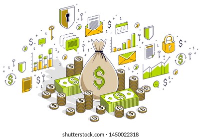 Money bag with cash money dollar stacks and coins piles isolated on white, personal savings concept. Isometric 3d vector finance illustration with icons, stats charts and design elements.