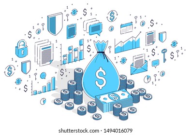 Money bag with cash money dollar stacks and coins piles isolated on white, personal savings concept. Isometric 3d vector finance illustration with icons, stats charts and design elements.