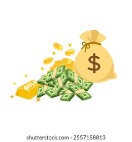 Money bag, cash dollars, gold bar and gold coins stack illustration. Wealth and banking icon