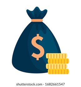 money bag cash with pile coins isolated icon vector illustration design