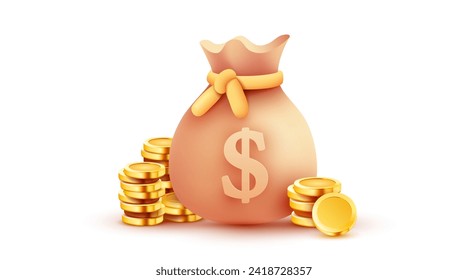 Bolsa de dinero o saco de dinero cerca de las monedas apilan imágenes de dibujos animados 3d aislados en fondo blanco. Concepto de beneficios, ahorros, ingresos. Ilustración del vector