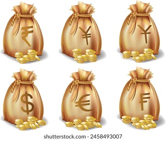 Money bag or cash sack near gold coins stack icon. with currency symbol dollar US, Chinese Yuan, Yen Japan, EU Euro, France Franc, india Rupee