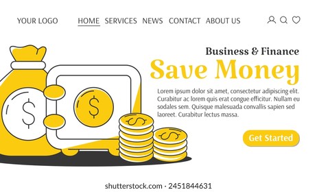 Money bag with cash, safe with money, stack of coins. Saving money creative concept. Business and finance template for website. For banner, landing page. Vector illustration, flat style