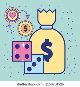 money bag and casino chip dices and dollar coin